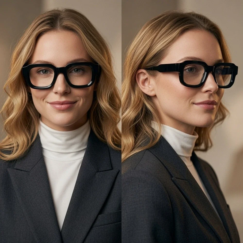 Womens Black Chunky Square Glasses Bold Geometric Clear Lens Retro Frame 145mm